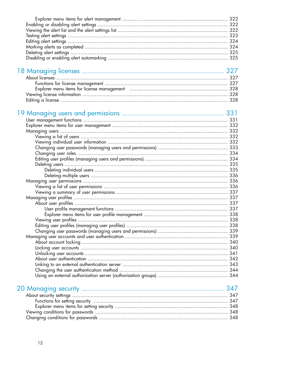 18 managing licenses, 19 managing users and permissions, 20 managing security | HP XP Array Manager Software User Manual | Page 12 / 472