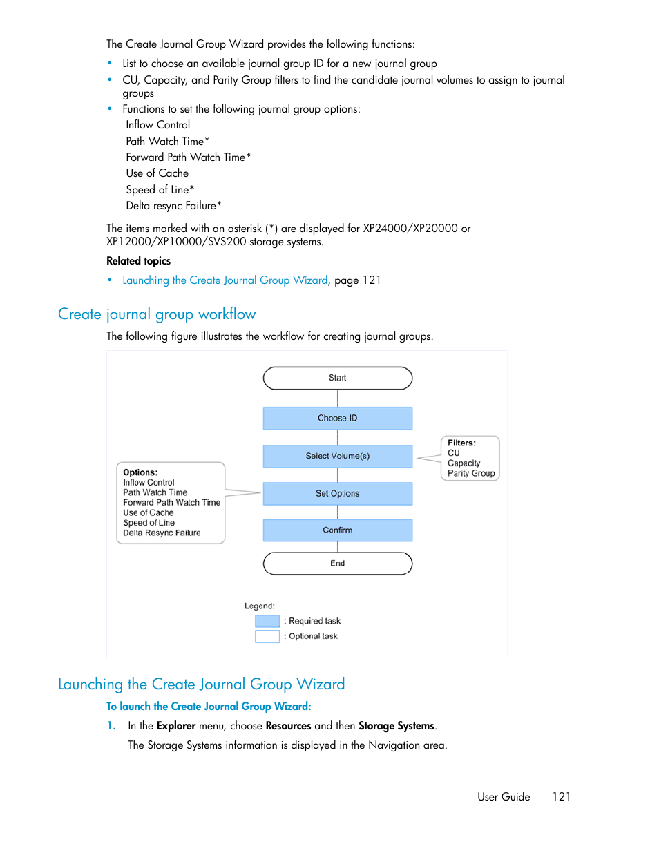 Create journal group workflow, Launching the create journal group wizard, 121 launching the create journal group wizard | HP XP Array Manager Software User Manual | Page 121 / 472