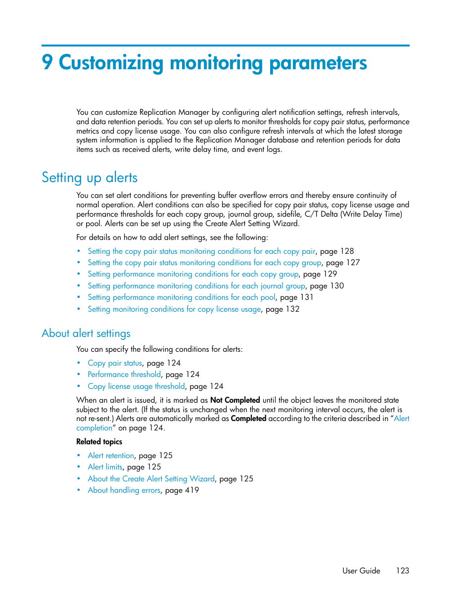 9 customizing monitoring parameters, Setting up alerts, About alert settings | Chapter 9 | HP XP Array Manager Software User Manual | Page 123 / 472