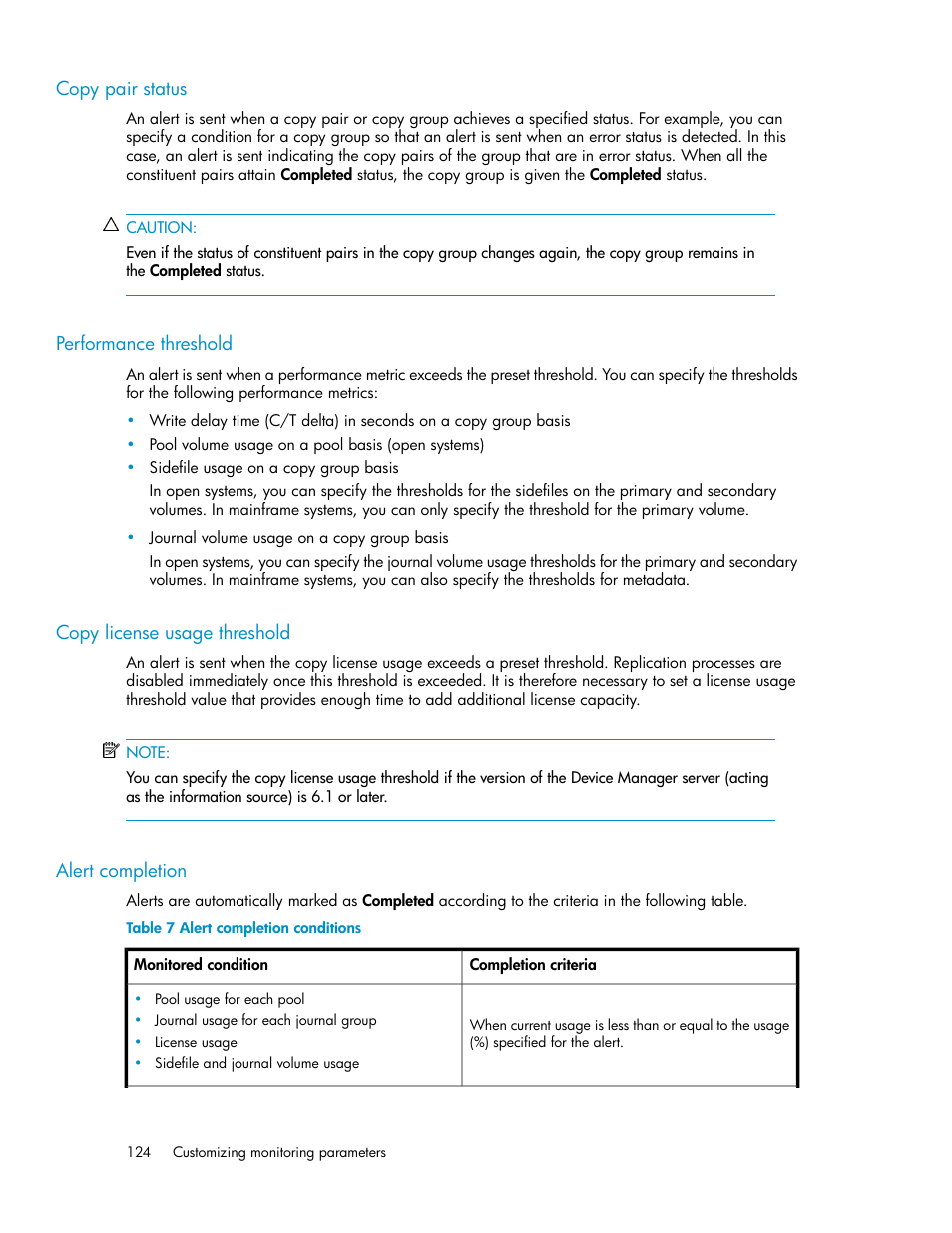 Copy pair status, Performance threshold, Copy license usage threshold | Alert completion, 124 performance threshold, 124 copy license usage threshold, 124 alert completion, Alert completion conditions, Ibed in, Alert | HP XP Array Manager Software User Manual | Page 124 / 472