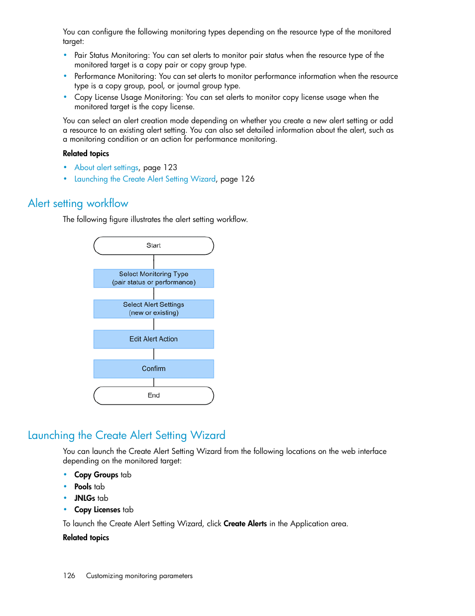 Alert setting workflow, Launching the create alert setting wizard, 126 launching the create alert setting wizard | HP XP Array Manager Software User Manual | Page 126 / 472