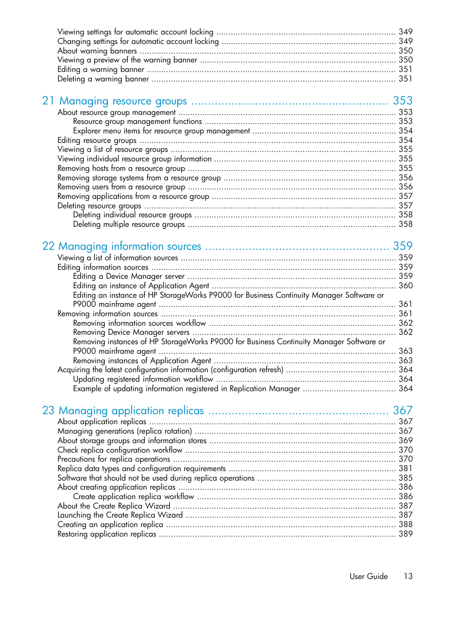 21 managing resource groups, 22 managing information sources, 23 managing application replicas | HP XP Array Manager Software User Manual | Page 13 / 472