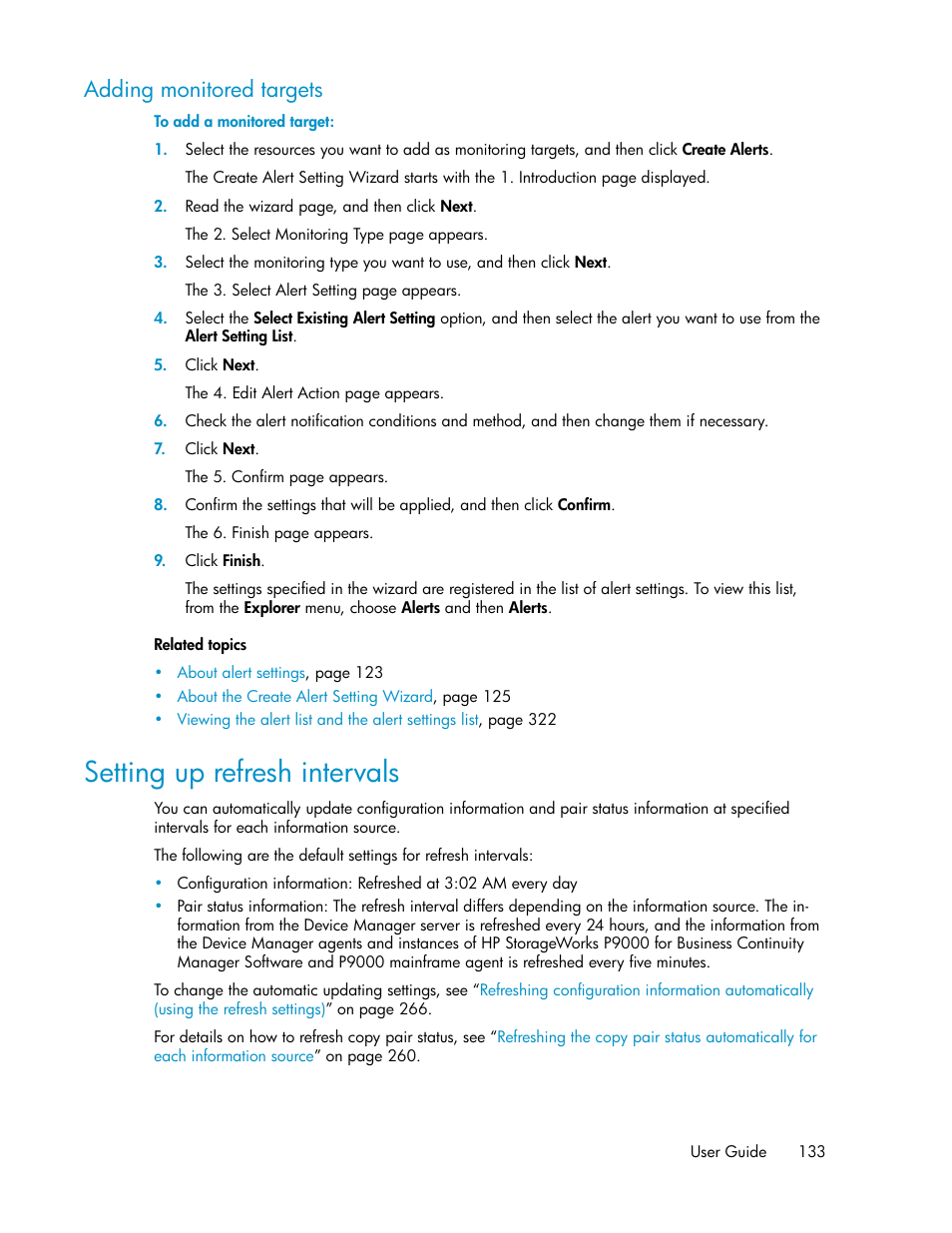 Adding monitored targets, Setting up refresh intervals | HP XP Array Manager Software User Manual | Page 133 / 472