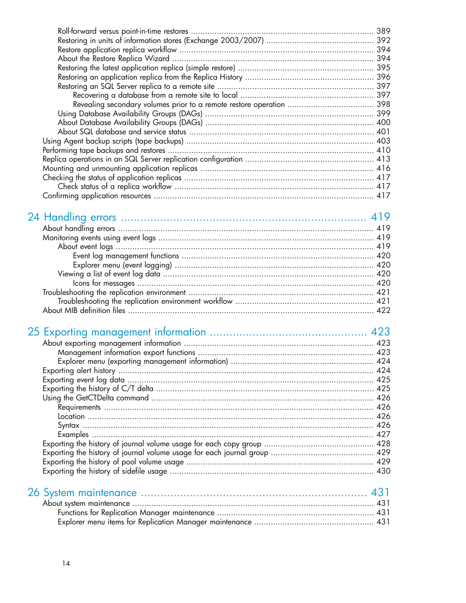 24 handling errors, 25 exporting management information, 26 system maintenance | HP XP Array Manager Software User Manual | Page 14 / 472