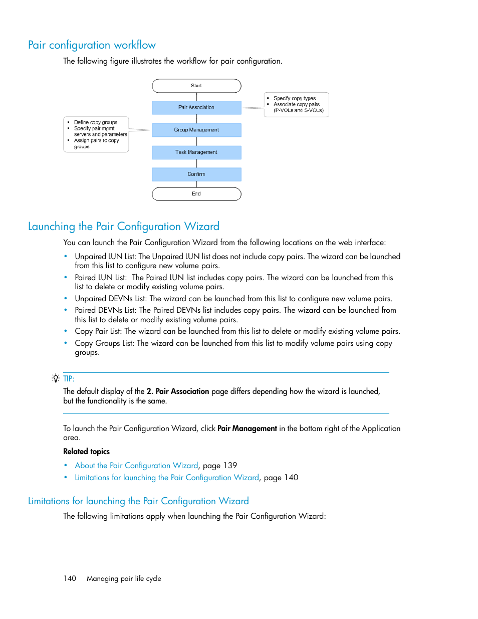 Pair configuration workflow, Launching the pair configuration wizard, 140 launching the pair configuration wizard | HP XP Array Manager Software User Manual | Page 140 / 472