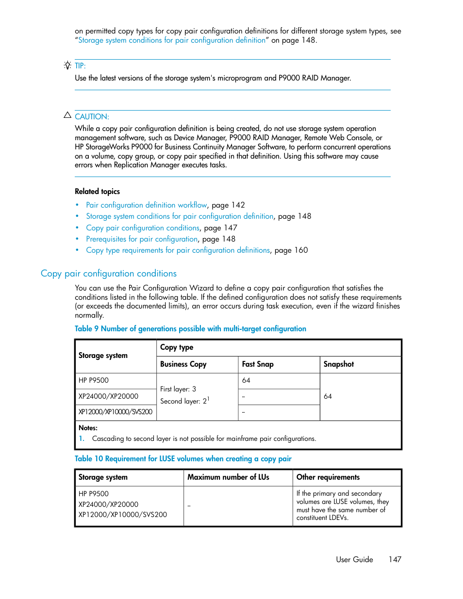 Copy pair configuration conditions, Copy pair configuration, Conditions | HP XP Array Manager Software User Manual | Page 147 / 472