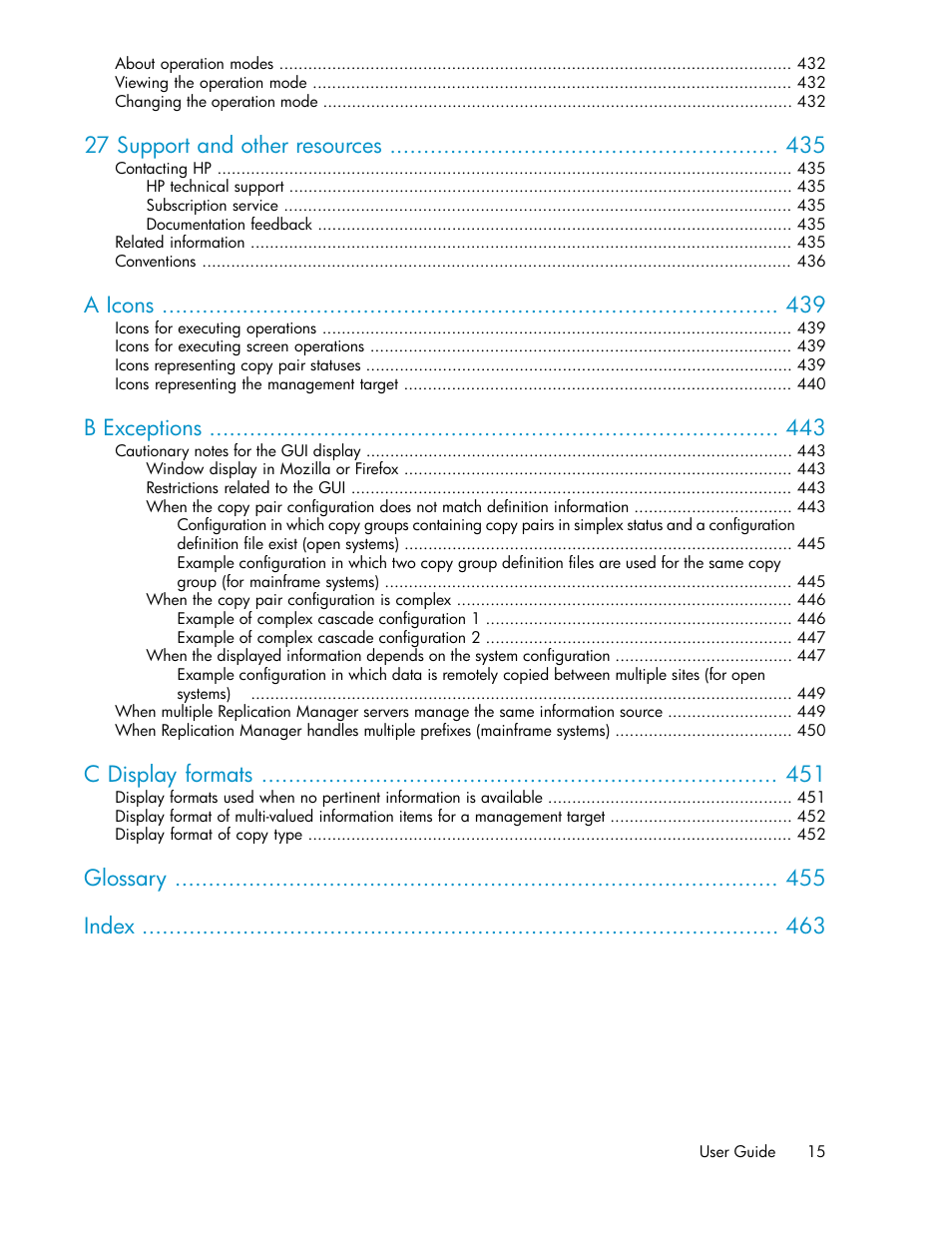 27 support and other resources, A icons, B exceptions | C display formats, Glossary index | HP XP Array Manager Software User Manual | Page 15 / 472