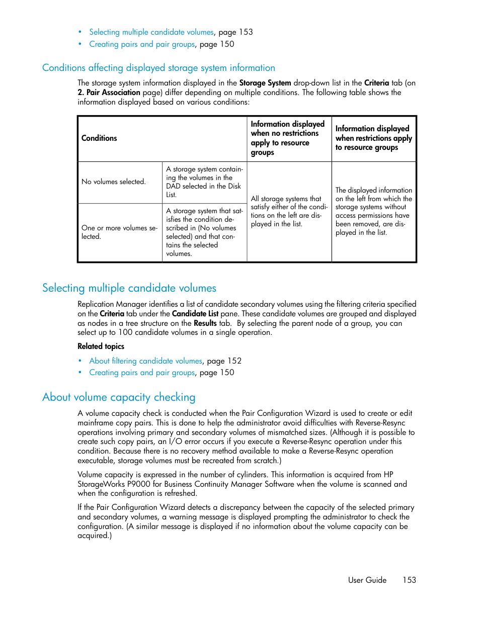 Selecting multiple candidate volumes, About volume capacity checking, 153 about volume capacity checking | Selecting multiple candidate, Volumes, About volume, Capacity checking | HP XP Array Manager Software User Manual | Page 153 / 472