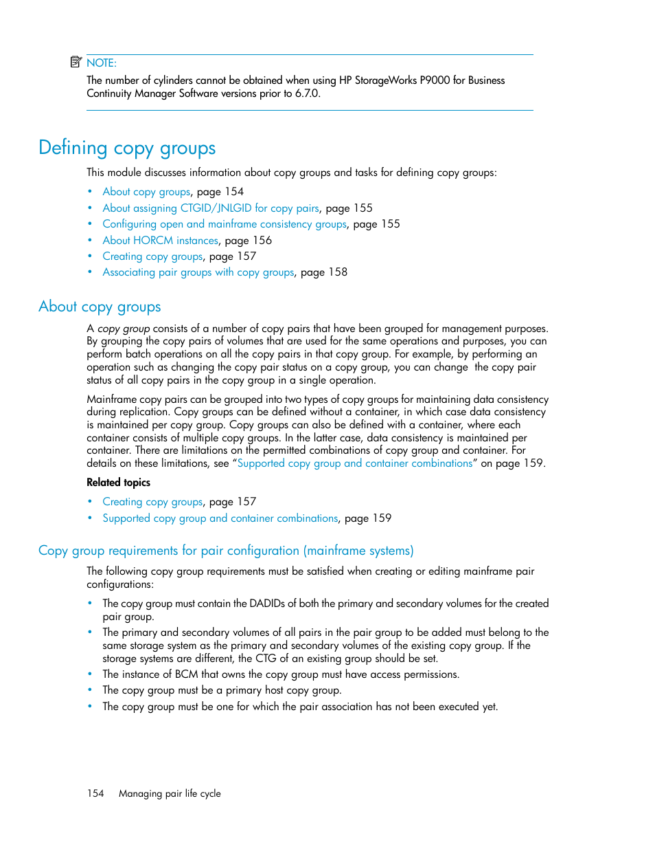 Defining copy groups, About copy groups | HP XP Array Manager Software User Manual | Page 154 / 472