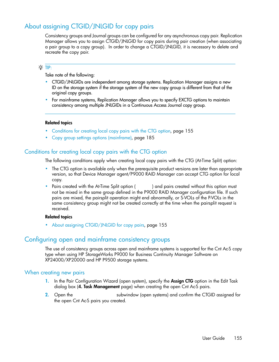 About assigning ctgid/jnlgid for copy pairs, Configuring open and mainframe consistency groups | HP XP Array Manager Software User Manual | Page 155 / 472