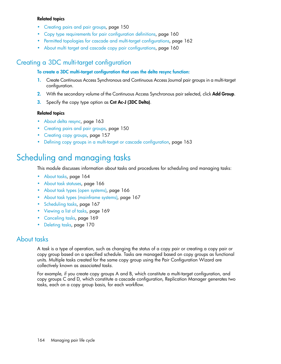 Creating a 3dc multi-target configuration, Scheduling and managing tasks, About tasks | HP XP Array Manager Software User Manual | Page 164 / 472