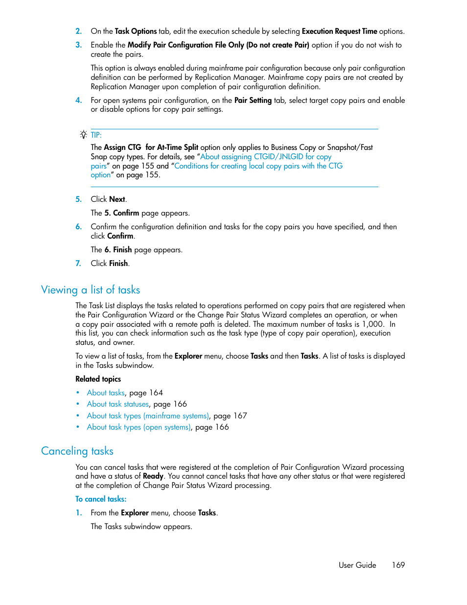 Viewing a list of tasks, Canceling tasks, 169 canceling tasks | HP XP Array Manager Software User Manual | Page 169 / 472