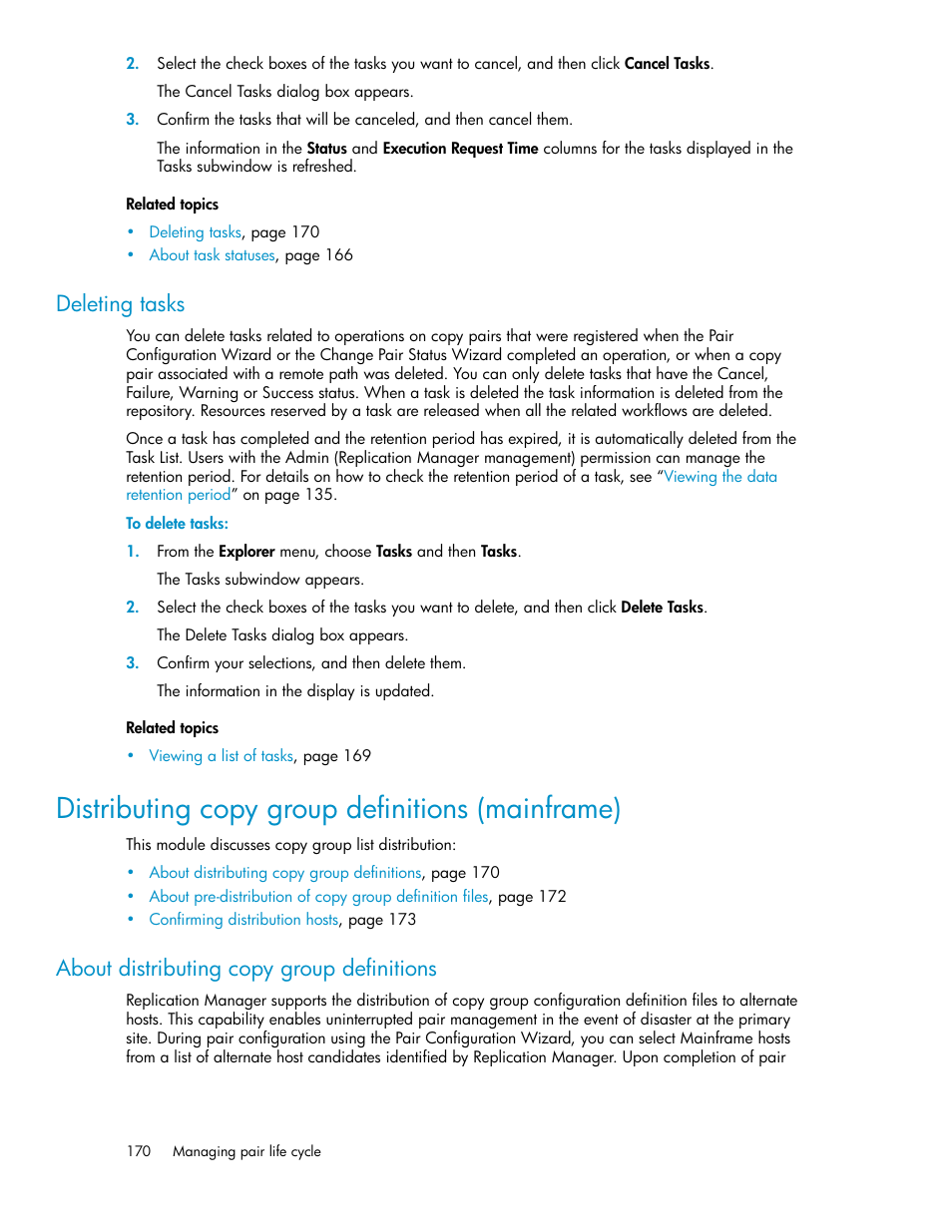 Deleting tasks, Distributing copy group definitions (mainframe), About distributing copy group definitions | HP XP Array Manager Software User Manual | Page 170 / 472