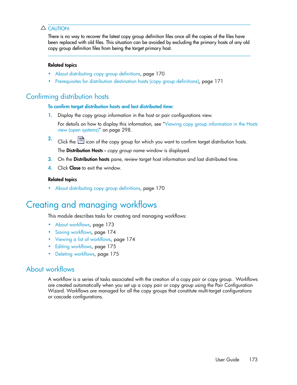 Confirming distribution hosts, Creating and managing workflows, About workflows | HP XP Array Manager Software User Manual | Page 173 / 472