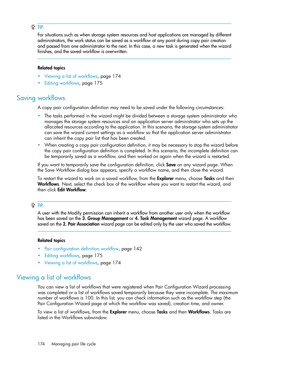 Saving workflows, Viewing a list of workflows, 174 viewing a list of workflows | HP XP Array Manager Software User Manual | Page 174 / 472