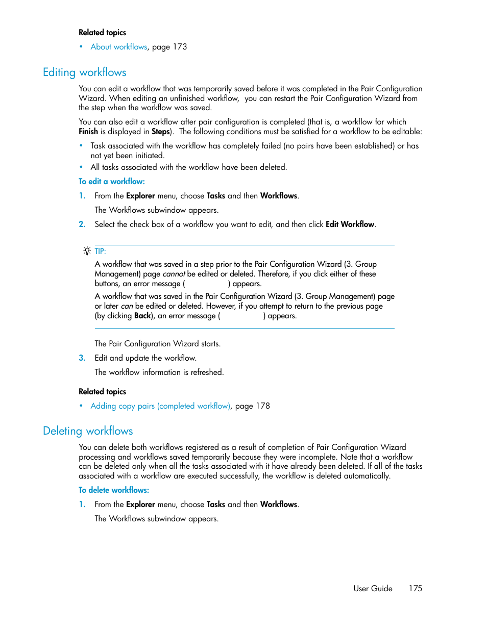 Editing workflows, Deleting workflows, 175 deleting workflows | HP XP Array Manager Software User Manual | Page 175 / 472