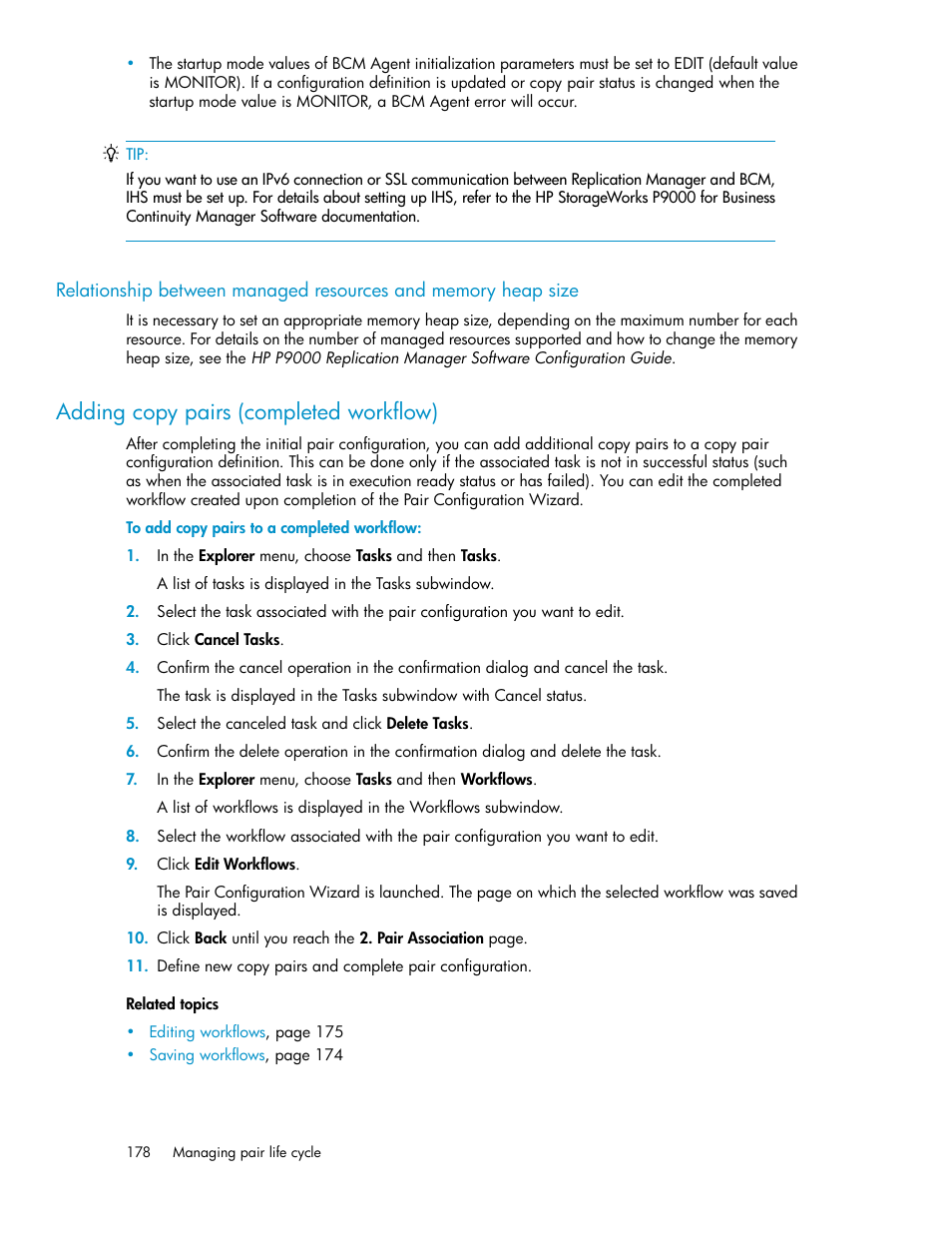 Adding copy pairs (completed workflow), Relationship between, Managed resources and memory heap size | HP XP Array Manager Software User Manual | Page 178 / 472