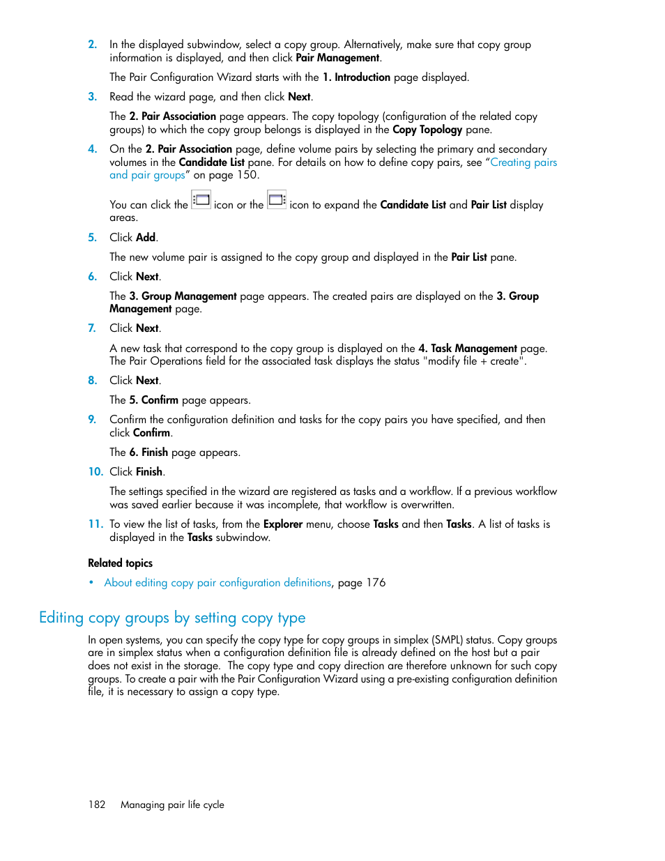 Editing copy groups by setting copy type | HP XP Array Manager Software User Manual | Page 182 / 472