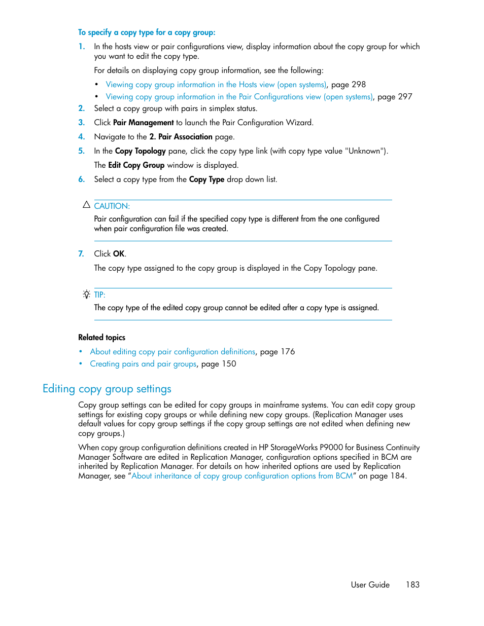 Editing copy group settings | HP XP Array Manager Software User Manual | Page 183 / 472