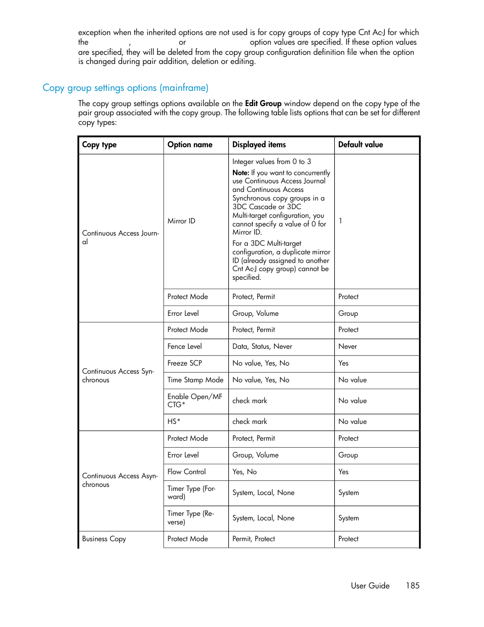 Copy group settings options (mainframe) | HP XP Array Manager Software User Manual | Page 185 / 472