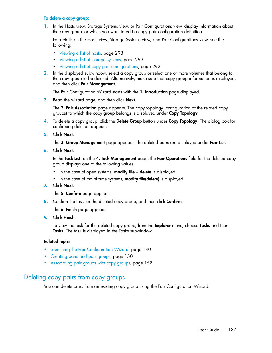 Deleting copy pairs from copy groups | HP XP Array Manager Software User Manual | Page 187 / 472