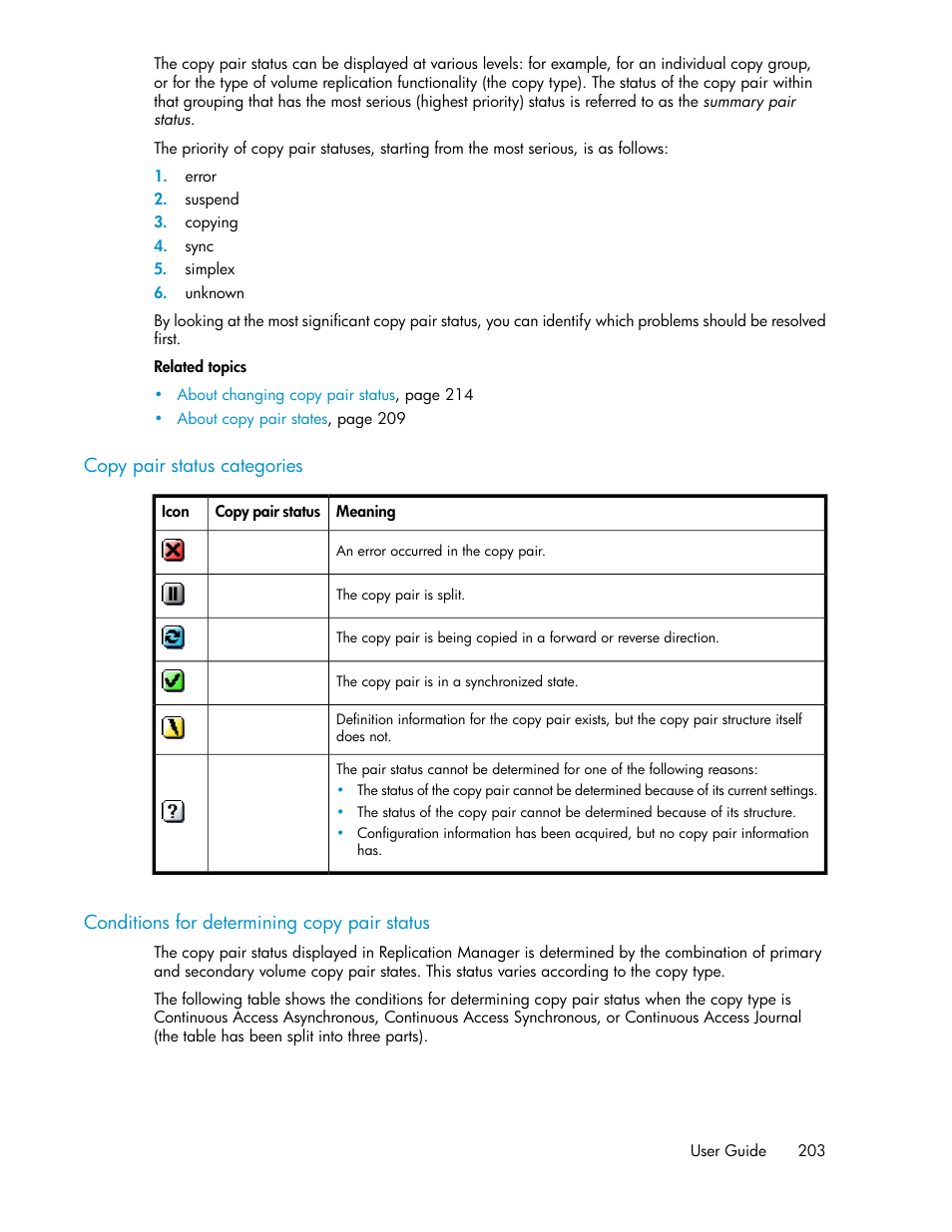 Copy pair status categories, Conditions for determining copy pair status, 203 conditions for determining copy pair status | HP XP Array Manager Software User Manual | Page 203 / 472