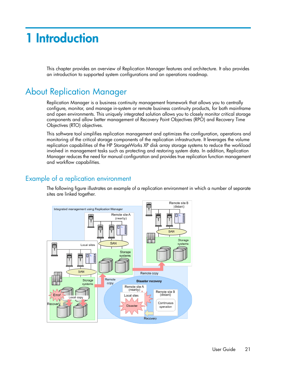 1 introduction, About replication manager, Example of a replication environment | HP XP Array Manager Software User Manual | Page 21 / 472