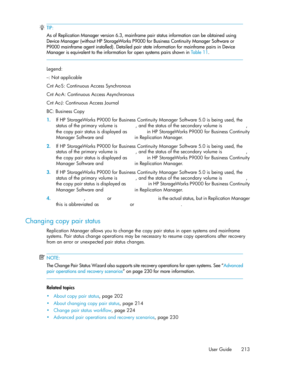 Changing copy pair status | HP XP Array Manager Software User Manual | Page 213 / 472