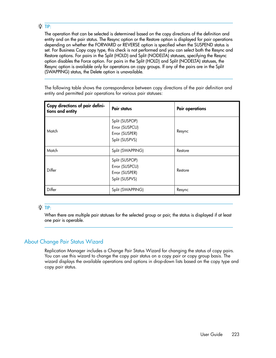 About change pair status wizard | HP XP Array Manager Software User Manual | Page 223 / 472