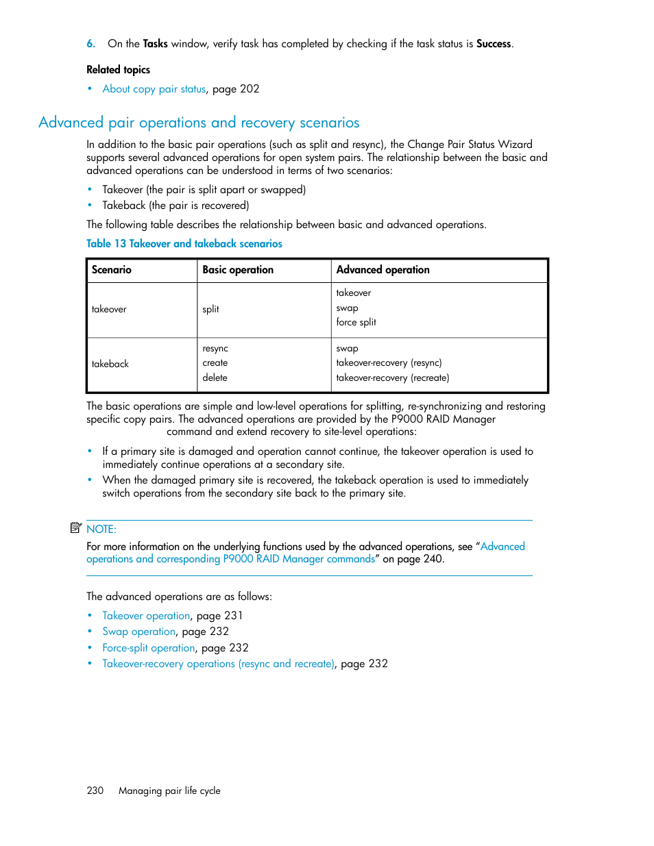 Advanced pair operations and recovery scenarios, Takeover and takeback scenarios, Advanced | Pair operations and recovery scenarios | HP XP Array Manager Software User Manual | Page 230 / 472