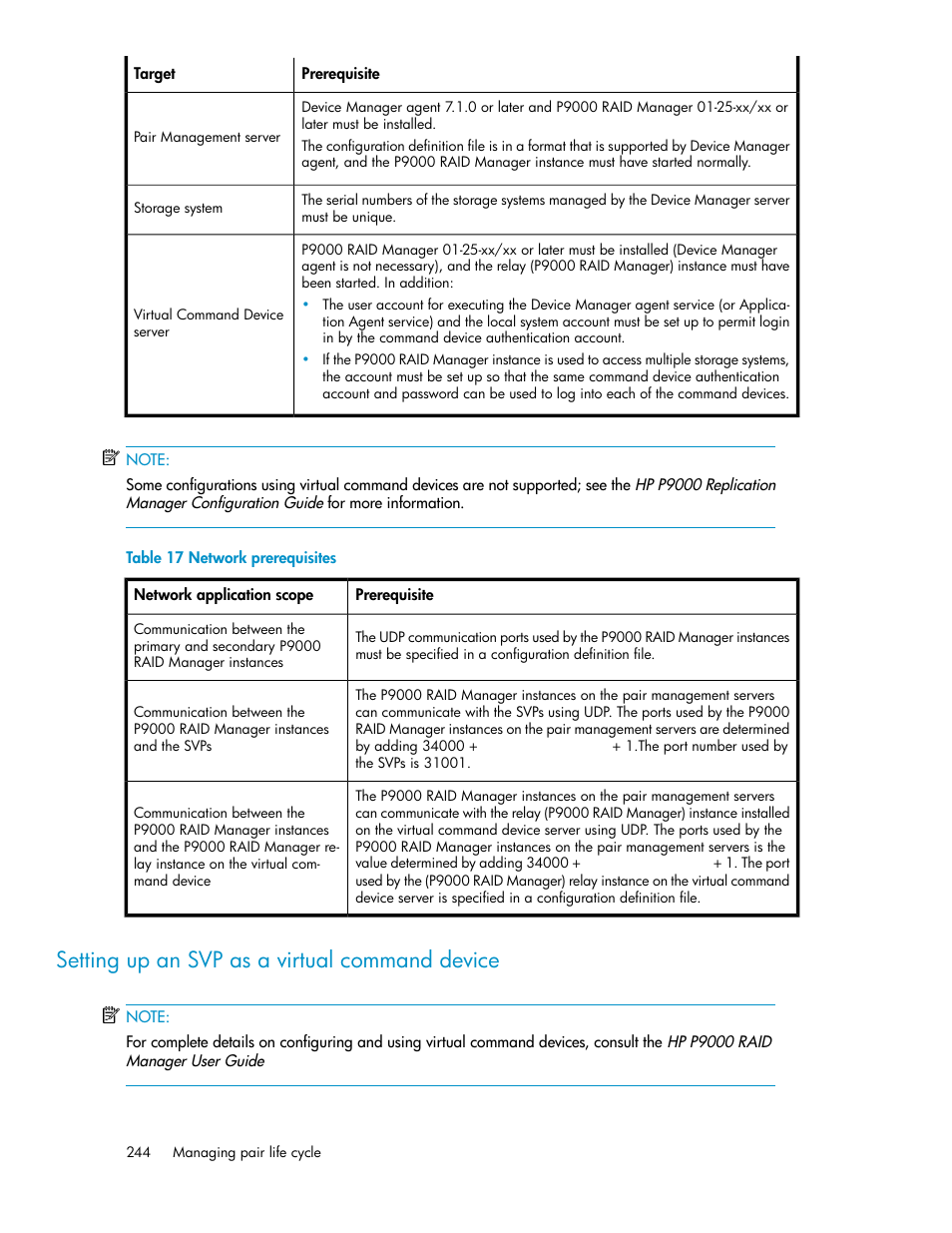 Setting up an svp as a virtual command device, Network prerequisites | HP XP Array Manager Software User Manual | Page 244 / 472