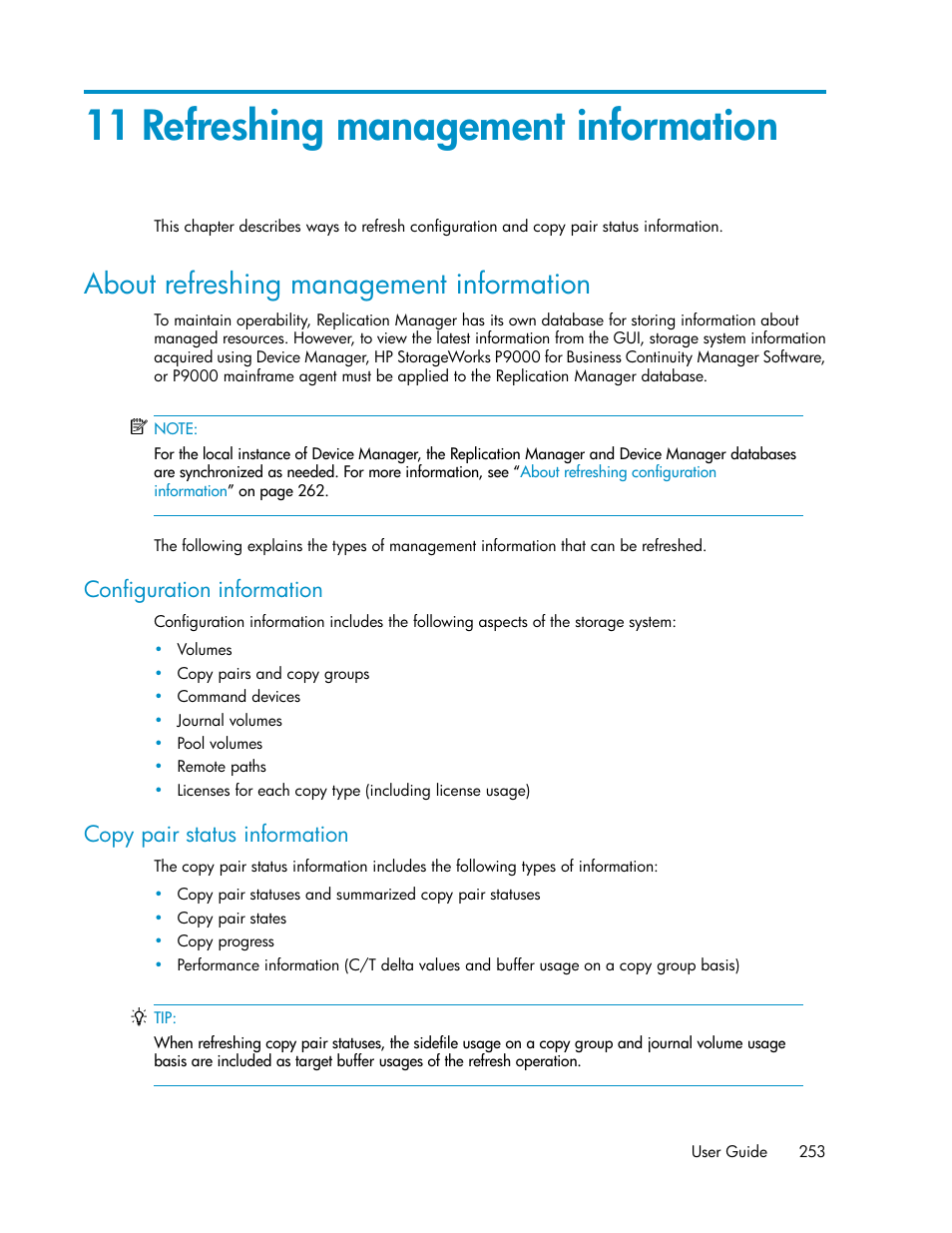 11 refreshing management information, About refreshing management information, Configuration information | Copy pair status information | HP XP Array Manager Software User Manual | Page 253 / 472