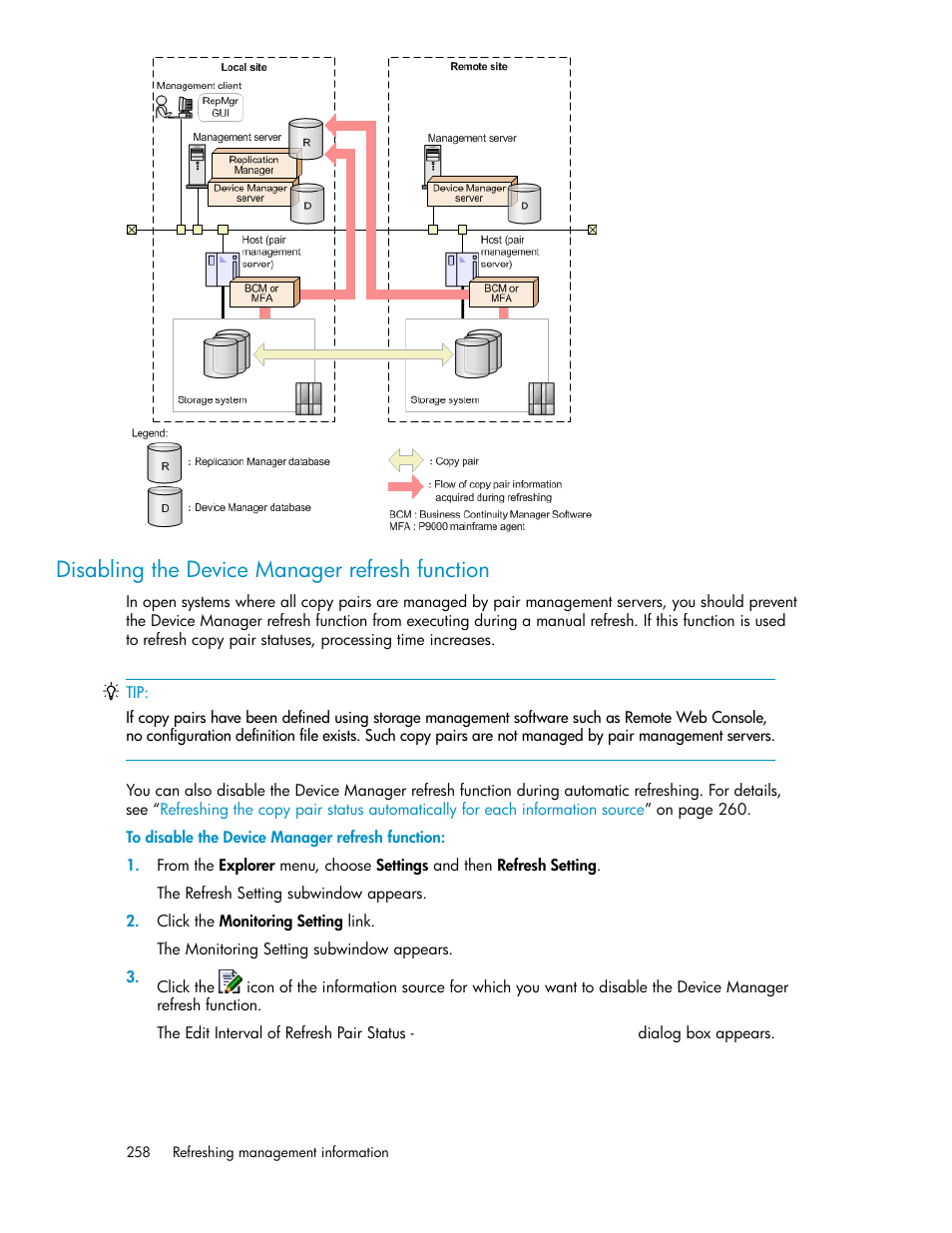 Disabling the device manager refresh function, Disabling the device manager refresh, Function | HP XP Array Manager Software User Manual | Page 258 / 472