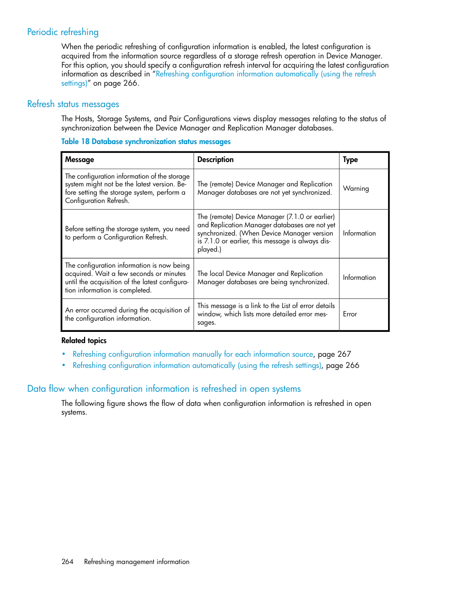 Database synchronization status messages, In open systems | HP XP Array Manager Software User Manual | Page 264 / 472