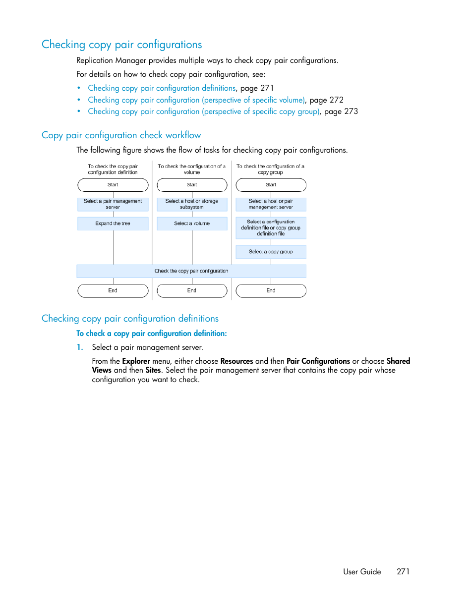 Checking copy pair configurations, Copy pair configuration check workflow, Checking copy pair configuration definitions | 271 checking copy pair configuration definitions | HP XP Array Manager Software User Manual | Page 271 / 472