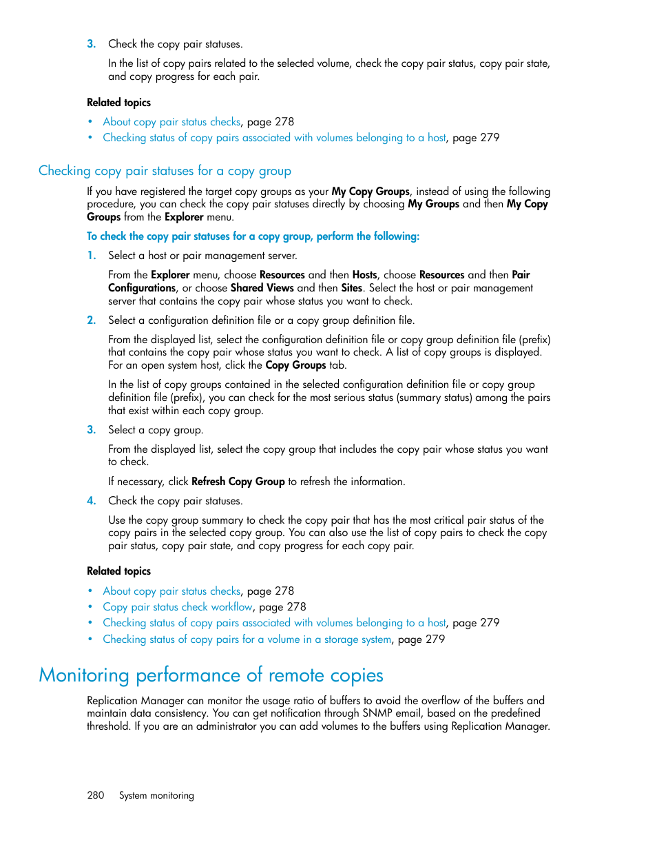 Checking copy pair statuses for a copy group, Monitoring performance of remote copies | HP XP Array Manager Software User Manual | Page 280 / 472