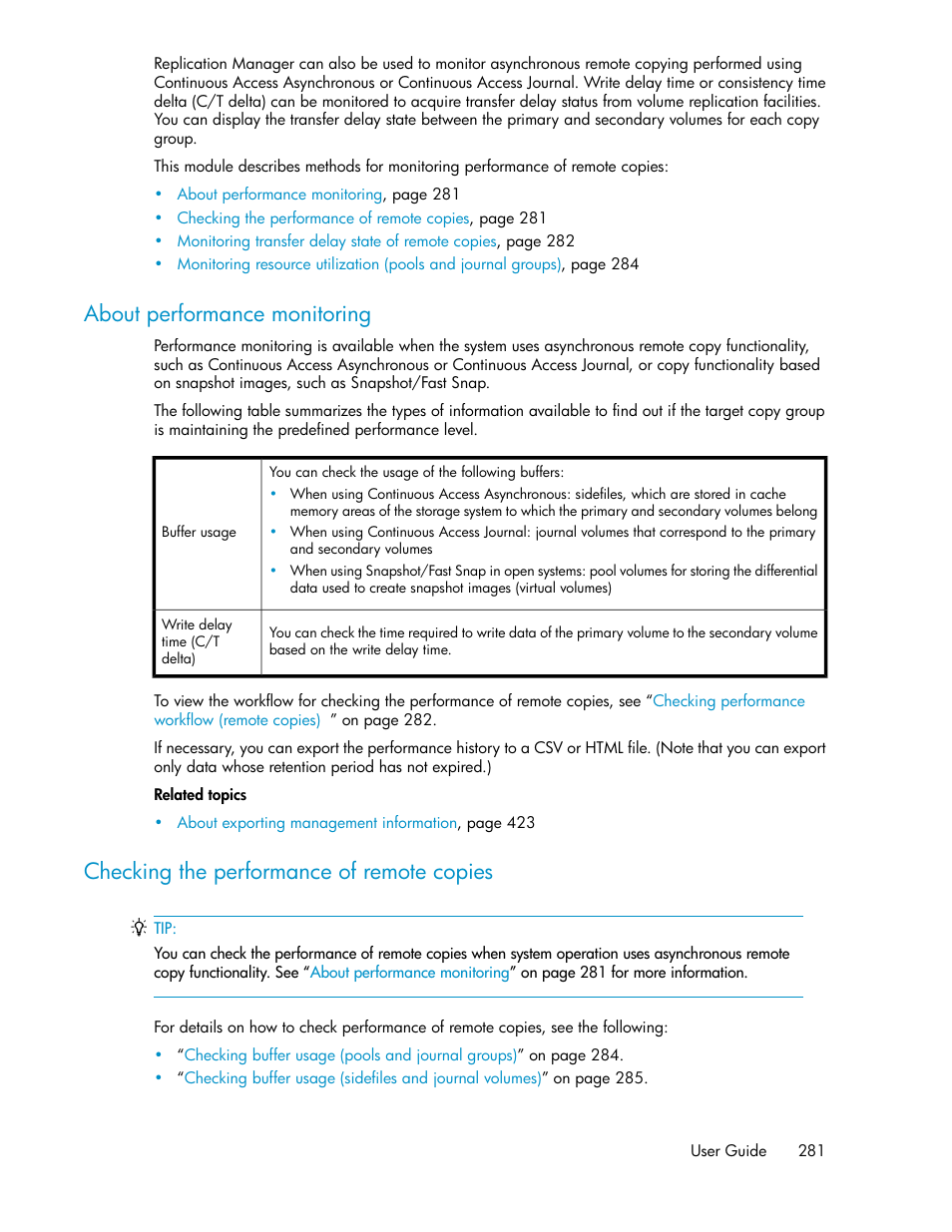 About performance monitoring, Checking the performance of remote copies, 281 checking the performance of remote copies | HP XP Array Manager Software User Manual | Page 281 / 472