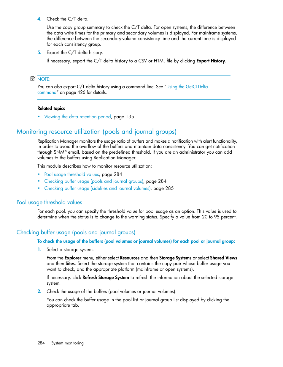 Pool usage threshold values, Checking buffer usage (pools and journal groups) | HP XP Array Manager Software User Manual | Page 284 / 472