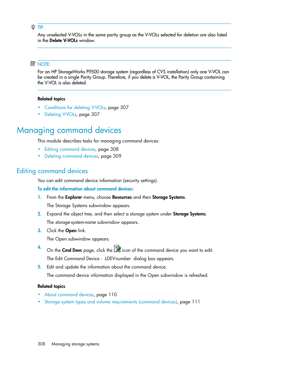 Managing command devices, Editing command devices | HP XP Array Manager Software User Manual | Page 308 / 472