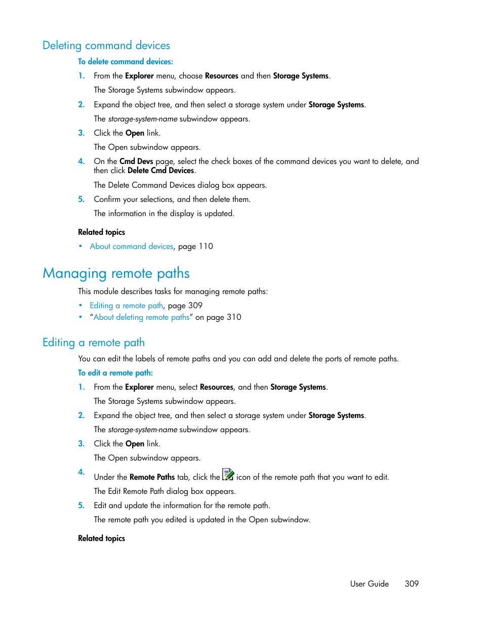 Deleting command devices, Managing remote paths, Editing a remote path | HP XP Array Manager Software User Manual | Page 309 / 472