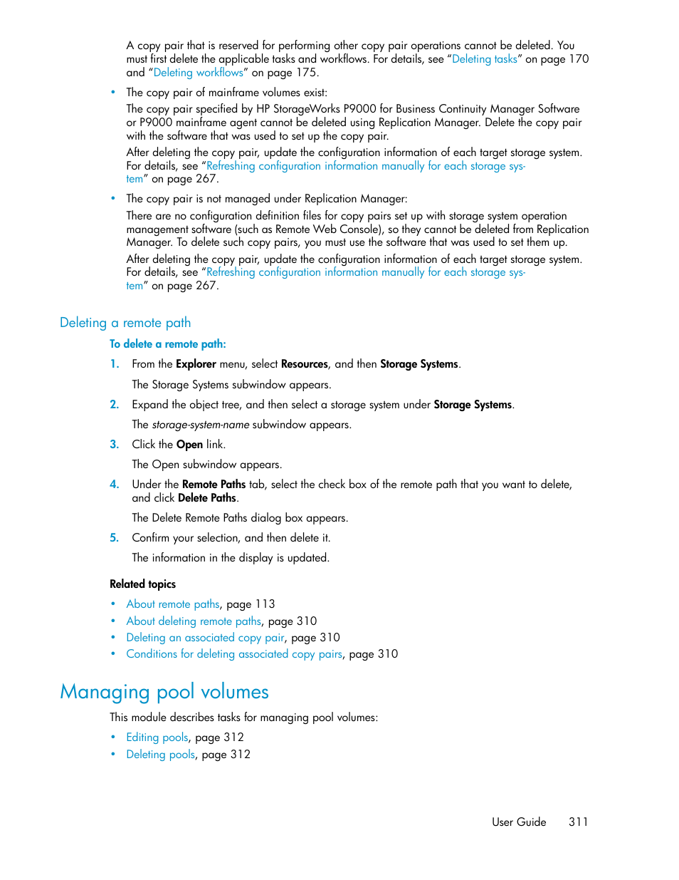 Deleting a remote path, Managing pool volumes | HP XP Array Manager Software User Manual | Page 311 / 472