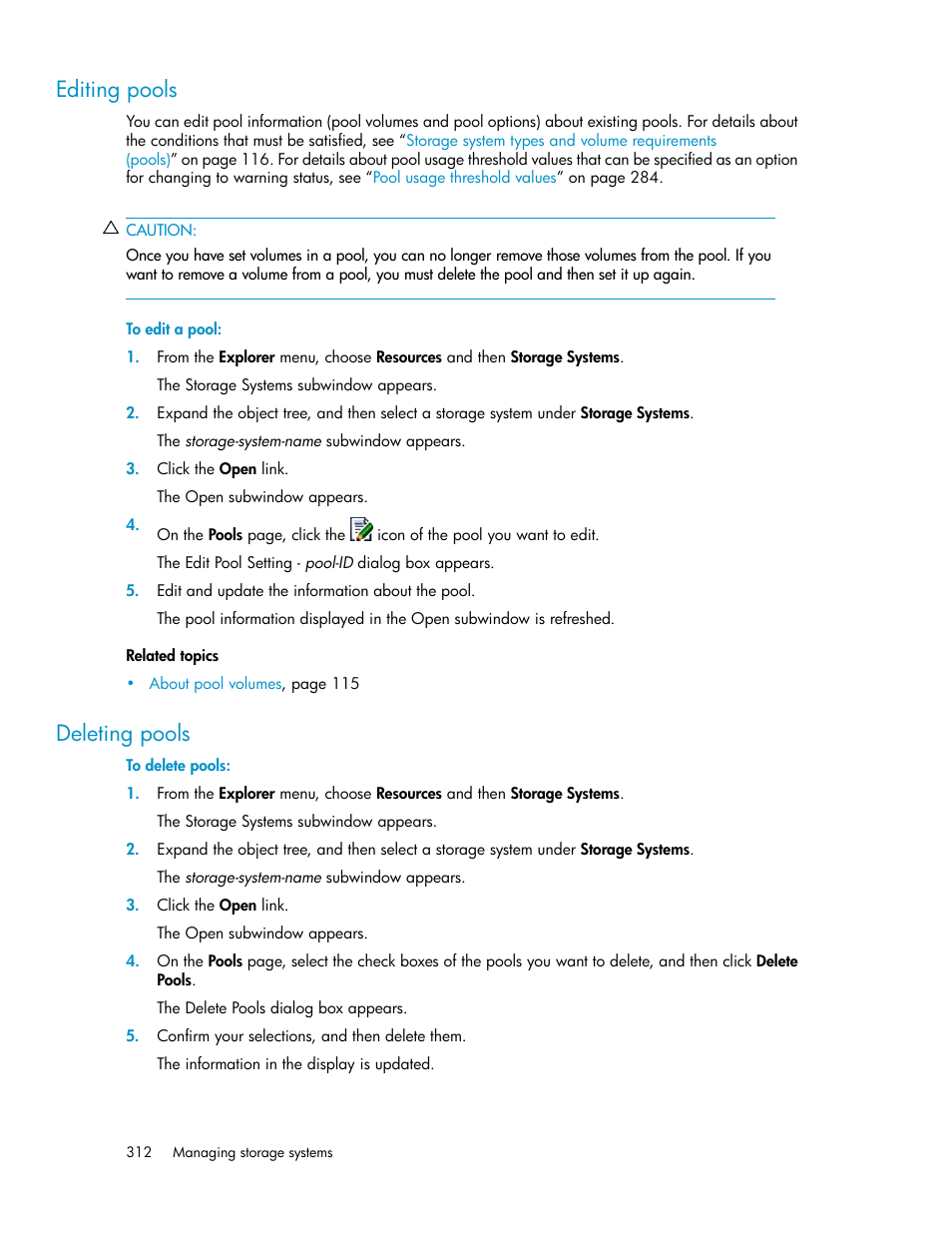 Editing pools, Deleting pools, 312 deleting pools | HP XP Array Manager Software User Manual | Page 312 / 472