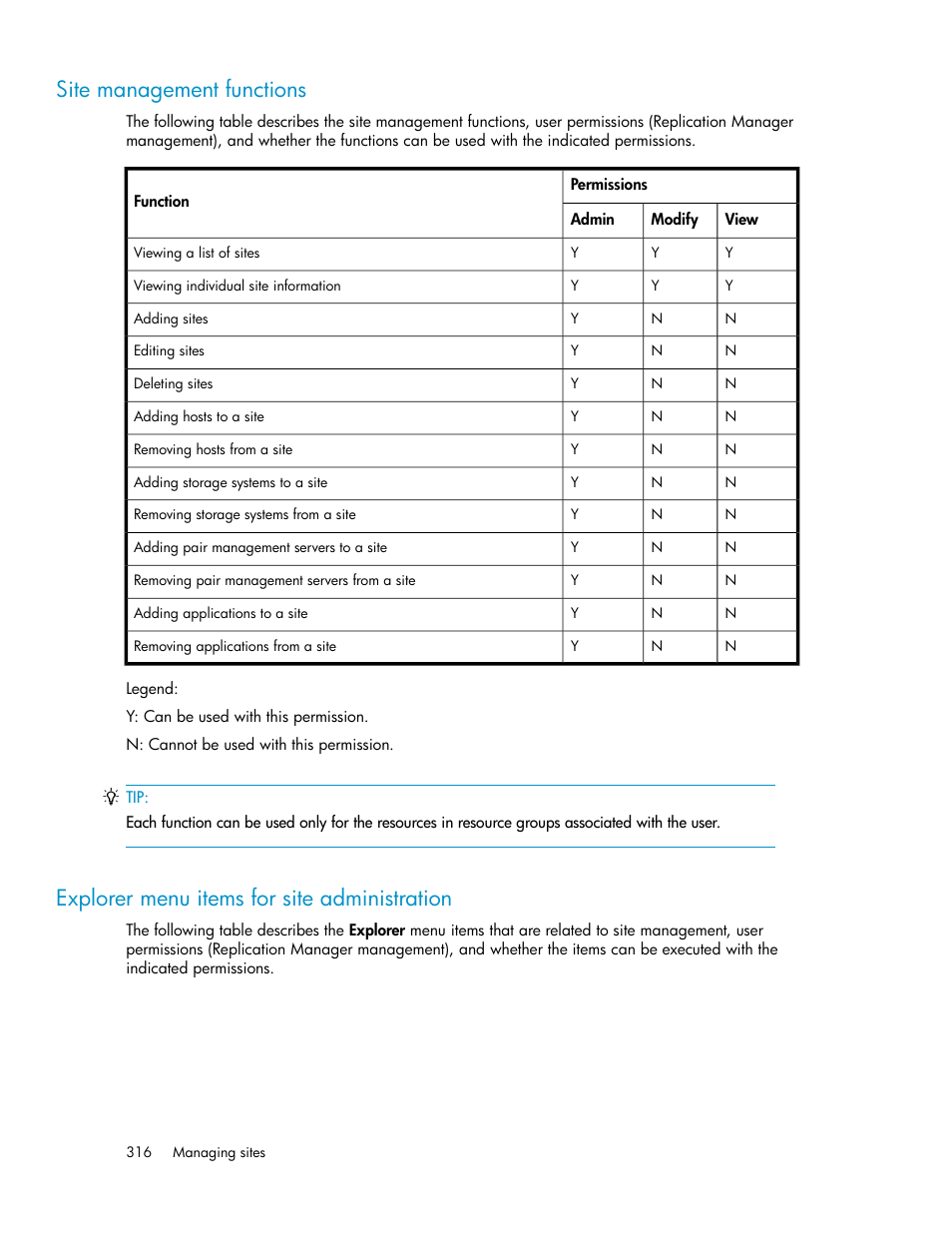 Site management functions, Explorer menu items for site administration, 316 explorer menu items for site administration | HP XP Array Manager Software User Manual | Page 316 / 472