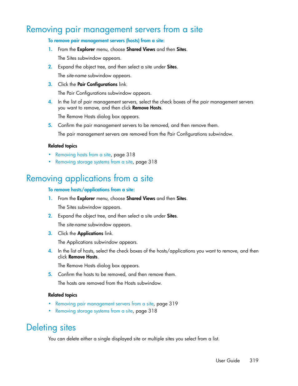 Removing pair management servers from a site, Removing applications from a site, Deleting sites | 319 removing applications from a site, 319 deleting sites | HP XP Array Manager Software User Manual | Page 319 / 472