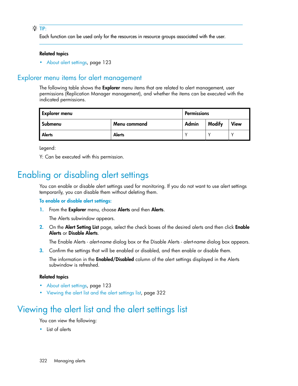 Explorer menu items for alert management, Enabling or disabling alert settings, Viewing the alert list and the alert settings list | HP XP Array Manager Software User Manual | Page 322 / 472