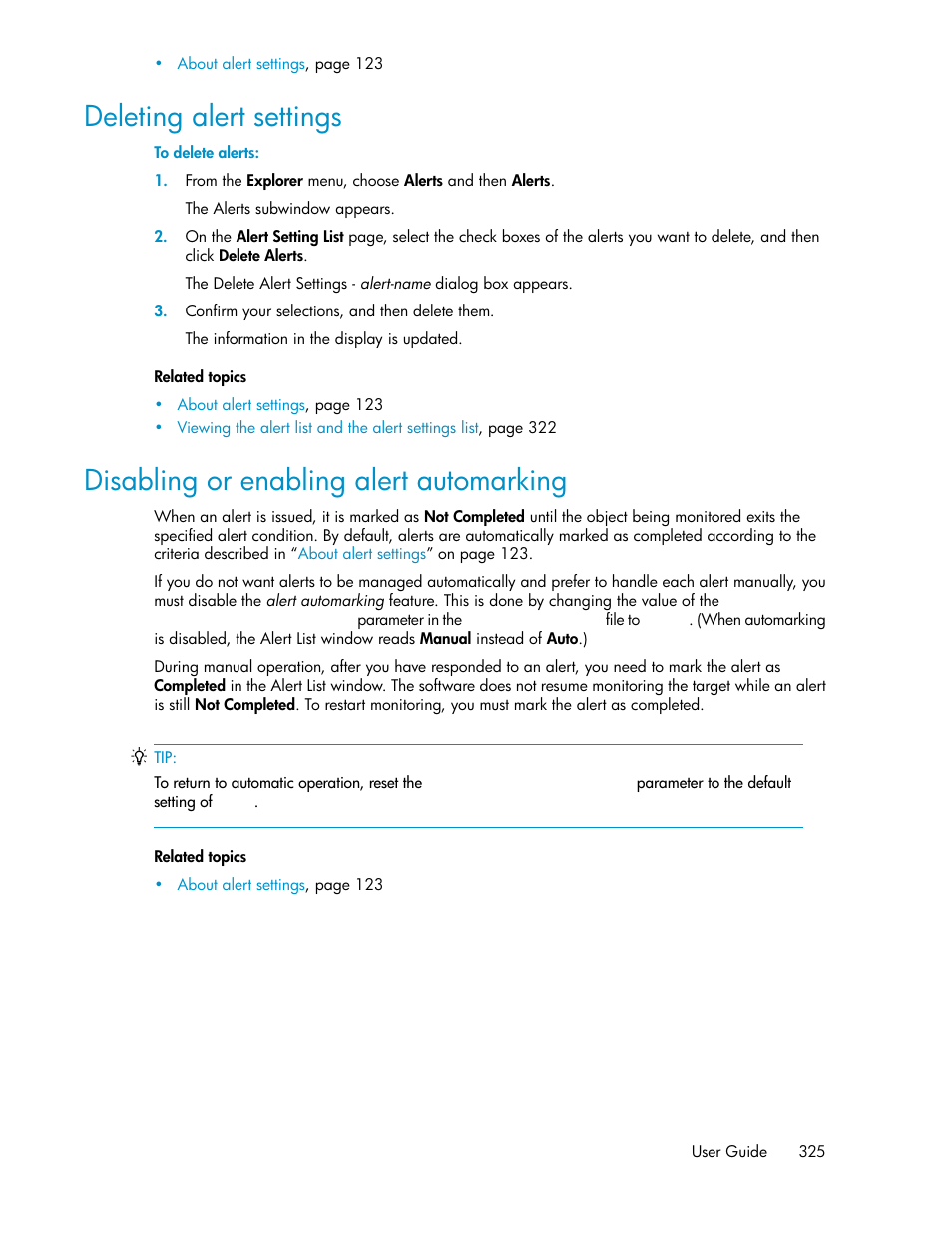 Deleting alert settings, Disabling or enabling alert automarking, 325 disabling or enabling alert automarking | Disabling or enabling alert, Automarking | HP XP Array Manager Software User Manual | Page 325 / 472