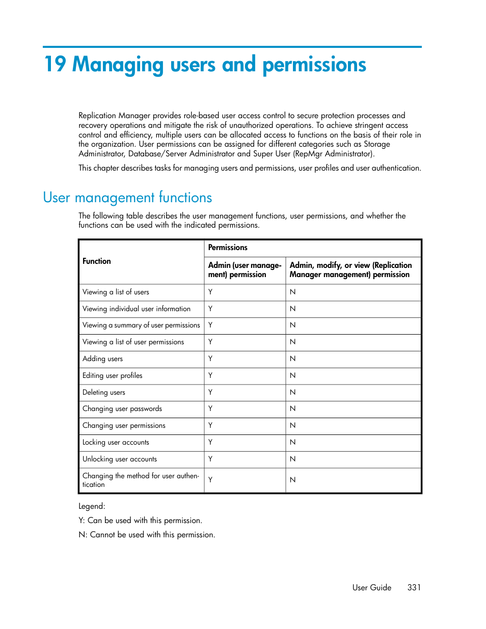 19 managing users and permissions, User management functions | HP XP Array Manager Software User Manual | Page 331 / 472