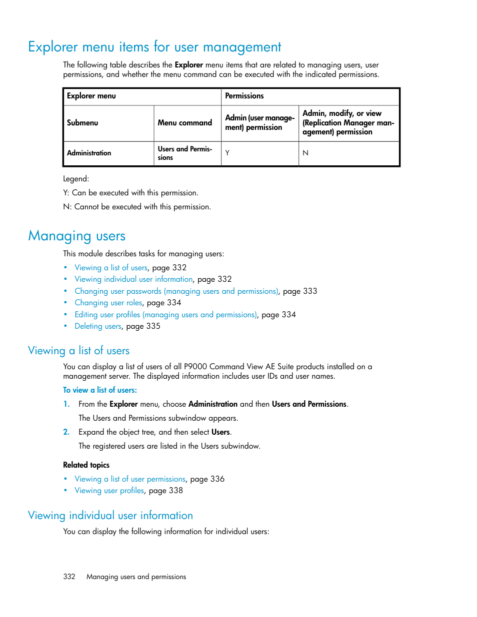 Explorer menu items for user management, Managing users, Viewing a list of users | Viewing individual user information, 332 managing users, 332 viewing individual user information | HP XP Array Manager Software User Manual | Page 332 / 472