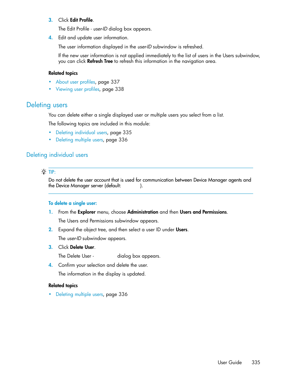 Deleting users, Deleting individual users | HP XP Array Manager Software User Manual | Page 335 / 472