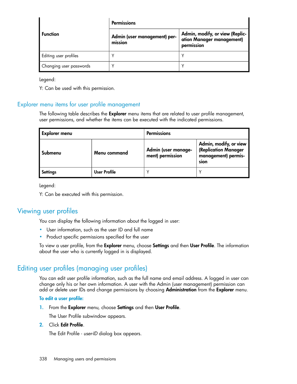 Explorer menu items for user profile management, Viewing user profiles, Editing user profiles (managing user profiles) | 338 editing user profiles (managing user profiles) | HP XP Array Manager Software User Manual | Page 338 / 472